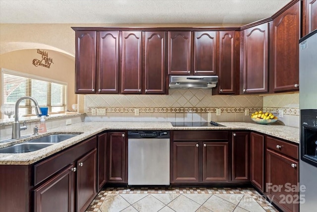 1974 Glen Manor Ct, Lincolnton, NC 28092 - kitchen featuring appliances with stainless steel finishes, under cabinet range hood, a sink, dark brown cabinets, and light stone countertops