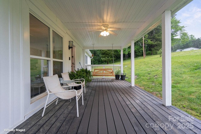 1135 Brook Path Trl, Denver, NC 28037 - wooden terrace with a porch, a lawn, and ceiling fan