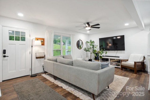 1135 Brook Path Trl, Denver, NC 28037 - living room featuring recessed lighting, a ceiling fan, and dark wood-style floors