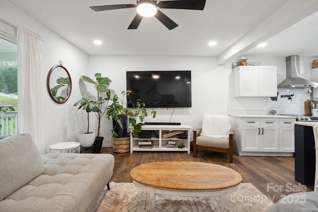 1135 Brook Path Trl, Denver, NC 28037 - living room featuring dark wood finished floors, a ceiling fan, and recessed lighting