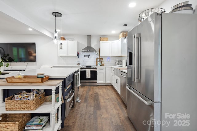 1135 Brook Path Trl, Denver, NC 28037 - kitchen with stainless steel appliances, wall chimney exhaust hood, light countertops, dark wood finished floors, and white cabinetry