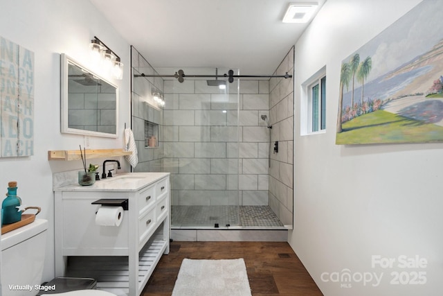 1135 Brook Path Trl, Denver, NC 28037 - bathroom featuring a stall shower, wood finished floors, vanity, and toilet