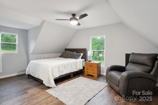 1135 Brook Path Trl, Denver, NC 28037 - bedroom with multiple windows, baseboards, wood finished floors, vaulted ceiling, and a ceiling fan