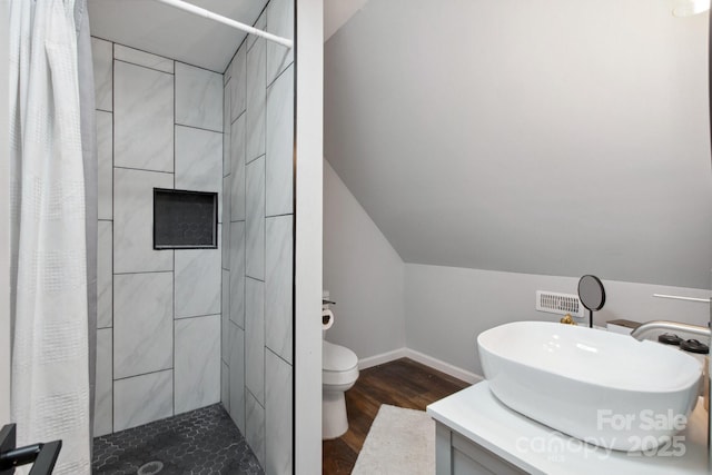 1135 Brook Path Trl, Denver, NC 28037 - full bathroom with toilet, wood finished floors, tiled shower, vanity, and lofted ceiling