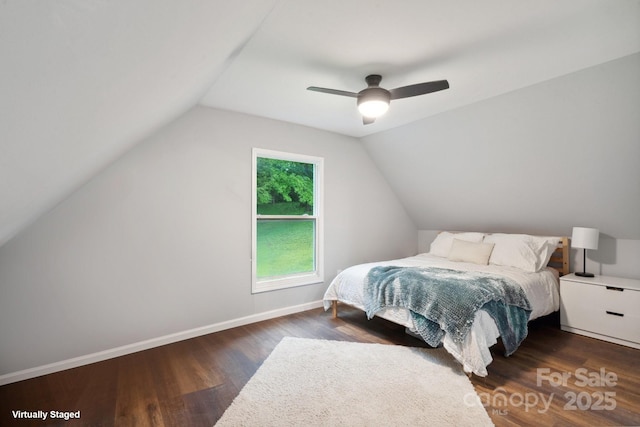 1135 Brook Path Trl, Denver, NC 28037 - bedroom with wood finished floors, lofted ceiling, a ceiling fan, and baseboards