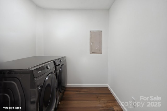 1135 Brook Path Trl, Denver, NC 28037 - laundry area with separate washer and dryer, electric panel, dark wood-style flooring, and baseboards