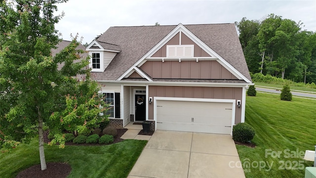 123 Hanks Bluff Dr, Mooresville, NC 28117 - view of front of home with roof with shingles, board and batten siding, driveway, and a front yard