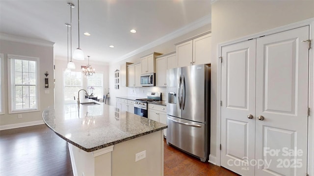 123 Hanks Bluff Dr, Mooresville, NC 28117 - kitchen featuring stainless steel appliances, a sink, ornamental molding, dark wood-style flooring, and an island with sink