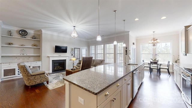 123 Hanks Bluff Dr, Mooresville, NC 28117 - kitchen featuring a sink, appliances with stainless steel finishes, dark wood-style flooring, ornamental molding, and light stone countertops