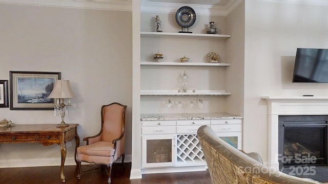 123 Hanks Bluff Dr, Mooresville, NC 28117 - living area with dark wood finished floors, crown molding, a glass covered fireplace, built in shelves, and baseboards