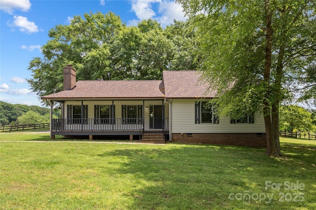 view of front of property featuring a chimney, a shingled roof, a porch, and crawl space