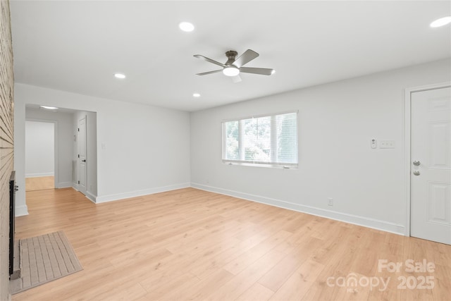 518 Westside Cir, China Grove, NC 28023 - unfurnished living room featuring ceiling fan, light wood-style flooring, recessed lighting, and baseboards