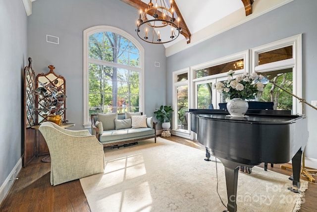 5523 Meadow Haven Ln, Charlotte, NC 28270 - sitting room featuring high vaulted ceiling, a chandelier, wood finished floors, beamed ceiling, and baseboards