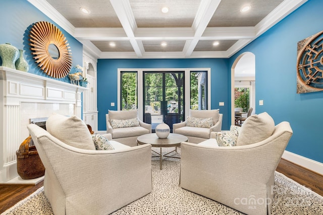 5523 Meadow Haven Ln, Charlotte, NC 28270 - living room with recessed lighting, arched walkways, beamed ceiling, coffered ceiling, and baseboards