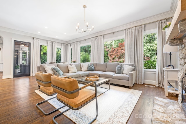 5523 Meadow Haven Ln, Charlotte, NC 28270 - living room featuring crown molding, baseboards, a chandelier, wood finished floors, and recessed lighting