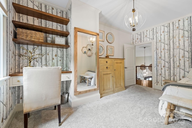 5523 Meadow Haven Ln, Charlotte, NC 28270 - carpeted bedroom featuring crown molding, a chandelier, and wallpapered walls