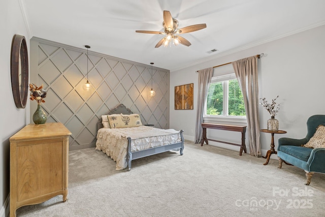 5523 Meadow Haven Ln, Charlotte, NC 28270 - bedroom featuring crown molding, light colored carpet, baseboards, an accent wall, and ceiling fan