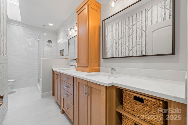5523 Meadow Haven Ln, Charlotte, NC 28270 - full bath with double vanity, a stall shower, toilet, and tile patterned flooring