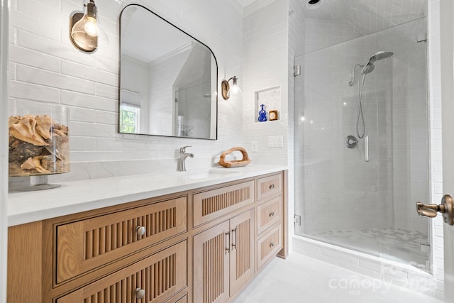 5523 Meadow Haven Ln, Charlotte, NC 28270 - full bath featuring a shower stall, vanity, and decorative backsplash