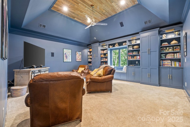 5523 Meadow Haven Ln, Charlotte, NC 28270 - cinema featuring carpet floors, ceiling fan, lofted ceiling, and wooden ceiling