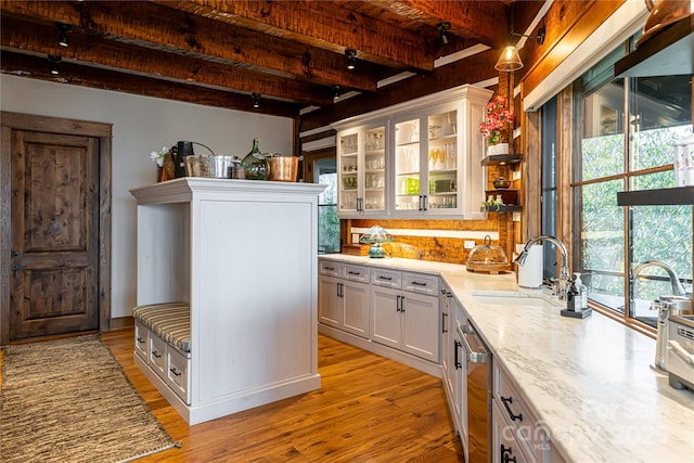 511 Asgi Trl, Maggie Valley, NC 28751 - bar featuring a sink, light wood-style flooring, wooden ceiling with exposed beams, dishwasher, and tasteful backsplash