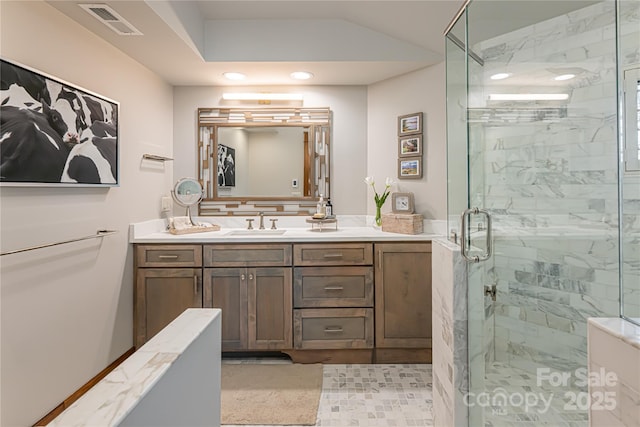 511 Asgi Trl, Maggie Valley, NC 28751 - bathroom with vanity, a marble finish shower, and recessed lighting