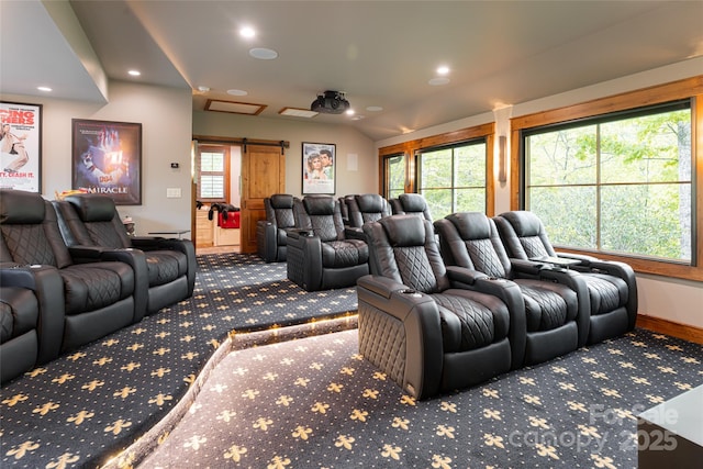 511 Asgi Trl, Maggie Valley, NC 28751 - cinema room with baseboards, carpet, a barn door, and recessed lighting