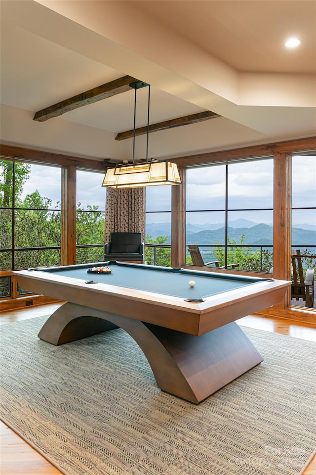 511 Asgi Trl, Maggie Valley, NC 28751 - playroom featuring a mountain view, healthy amount of natural light, billiards table, wood finished floors, and recessed lighting