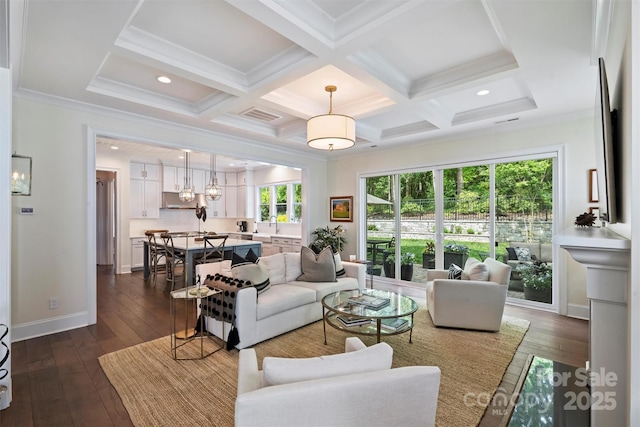 2630 Mary Butler Way, Charlotte, NC 28226 - living area featuring beam ceiling, dark wood-type flooring, coffered ceiling, crown molding, and recessed lighting