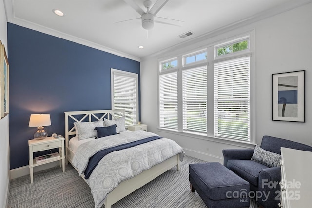 2630 Mary Butler Way, Charlotte, NC 28226 - carpeted bedroom with baseboards, multiple windows, crown molding, recessed lighting, and a ceiling fan