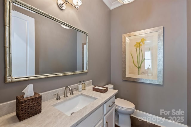 2630 Mary Butler Way, Charlotte, NC 28226 - half bathroom featuring vanity, toilet, baseboards, and ornamental molding