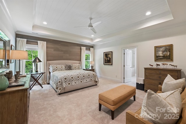 2630 Mary Butler Way, Charlotte, NC 28226 - bedroom with a tray ceiling, light colored carpet, multiple windows, wood ceiling, and recessed lighting