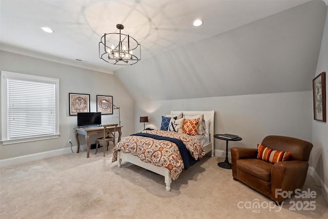 2630 Mary Butler Way, Charlotte, NC 28226 - carpeted bedroom with baseboards, recessed lighting, vaulted ceiling, a chandelier, and an office area