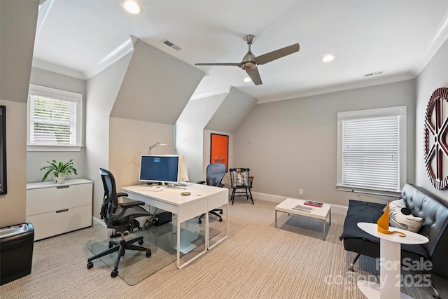 2630 Mary Butler Way, Charlotte, NC 28226 - office featuring carpet floors, ceiling fan, recessed lighting, baseboards, and vaulted ceiling