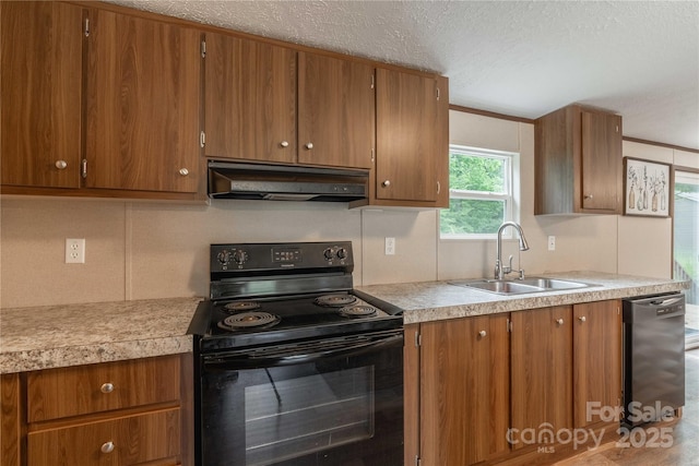 kitchen with black range with electric cooktop, under cabinet range hood, a sink, dishwasher, and light countertops
