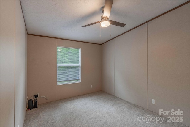 carpeted spare room with crown molding and a ceiling fan