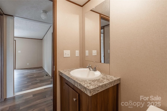 bathroom featuring wood finished floors, vanity, and a textured ceiling