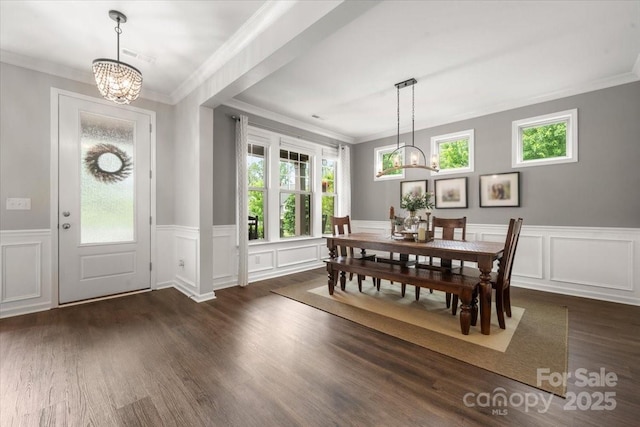 9530 Hightower Oak St, Huntersville, NC 28078 - dining space with a chandelier, healthy amount of natural light, wood finished floors, ornamental molding, and wainscoting