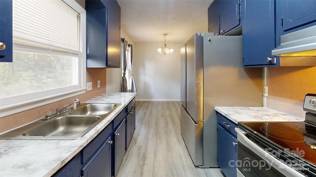 2026 Willow Ridge St, Conover, NC 28613 - kitchen with stainless steel electric range oven, blue cabinetry, under cabinet range hood, and a sink