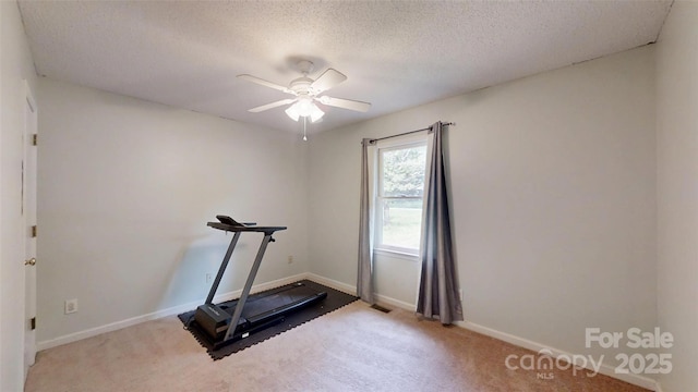 2026 Willow Ridge St, Conover, NC 28613 - workout area featuring ceiling fan, carpet, a textured ceiling, and baseboards