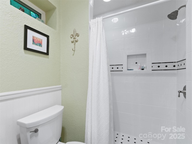 572 Multiflora Way, Waynesville, NC 28785 - bathroom with a shower stall, toilet, and a wainscoted wall