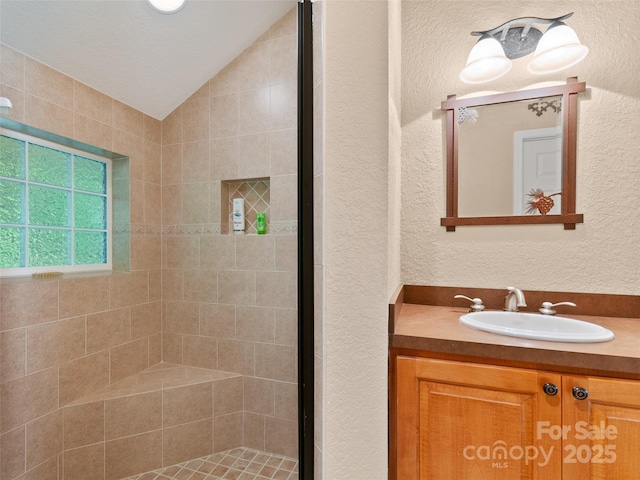572 Multiflora Way, Waynesville, NC 28785 - bathroom featuring a shower stall, vaulted ceiling, vanity, and a textured wall