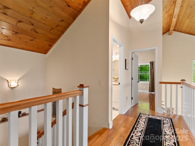 572 Multiflora Way, Waynesville, NC 28785 - corridor with an upstairs landing, light wood-type flooring, and wooden ceiling