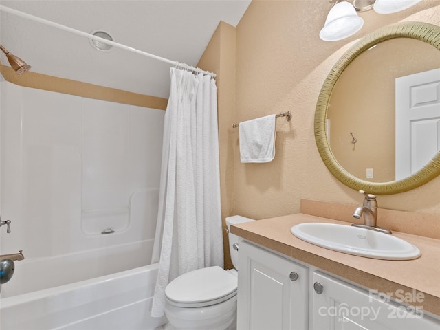 572 Multiflora Way, Waynesville, NC 28785 - bathroom with toilet, shower / bathtub combination with curtain, vanity, and a textured wall