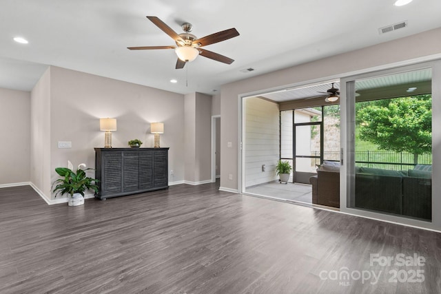 4975 Looking Glass Trl, Denver, NC 28037 - unfurnished living room featuring ceiling fan, wood finished floors, baseboards, and recessed lighting
