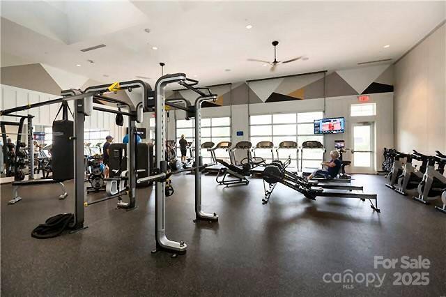 4975 Looking Glass Trl, Denver, NC 28037 - exercise room with a high ceiling, a ceiling fan, and recessed lighting