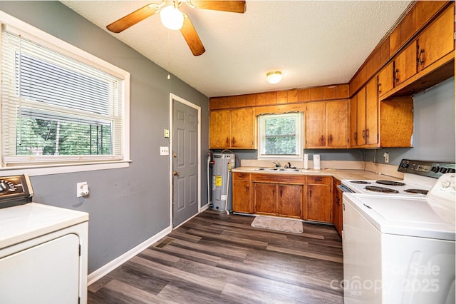 1094 Curve View Rd, Lincolnton, NC 28092 - laundry room with washer / clothes dryer, electric water heater, ceiling fan, a textured ceiling, and dark wood finished floors