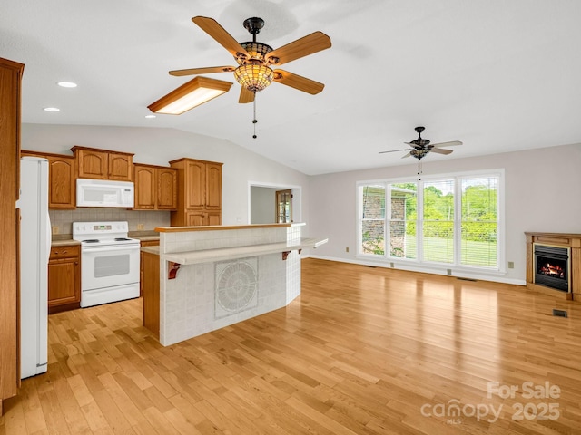 646 Terry Rd, Ellenboro, NC 28040 - kitchen with white appliances, open floor plan, ceiling fan, light wood finished floors, and light countertops