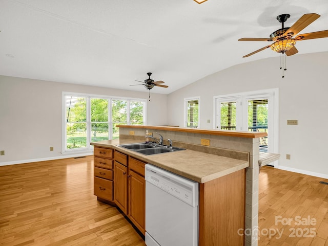 646 Terry Rd, Ellenboro, NC 28040 - kitchen featuring dishwasher, a sink, a ceiling fan, light wood finished floors, and vaulted ceiling