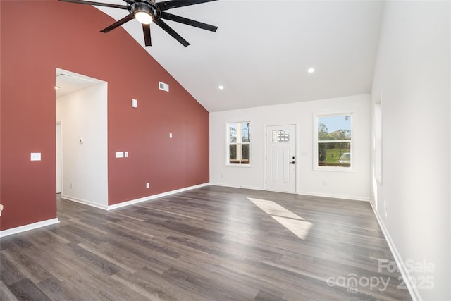 unfurnished living room with a ceiling fan, high vaulted ceiling, baseboards, wood finished floors, and recessed lighting